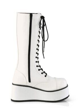 White Vegan Leather Platform Lace-Up Knee High Boots with Buckle Straps